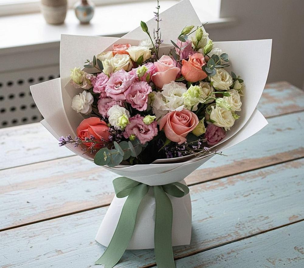 Букет цветов из: Розы, Лизиантусы и Гвоздики в Лозовом