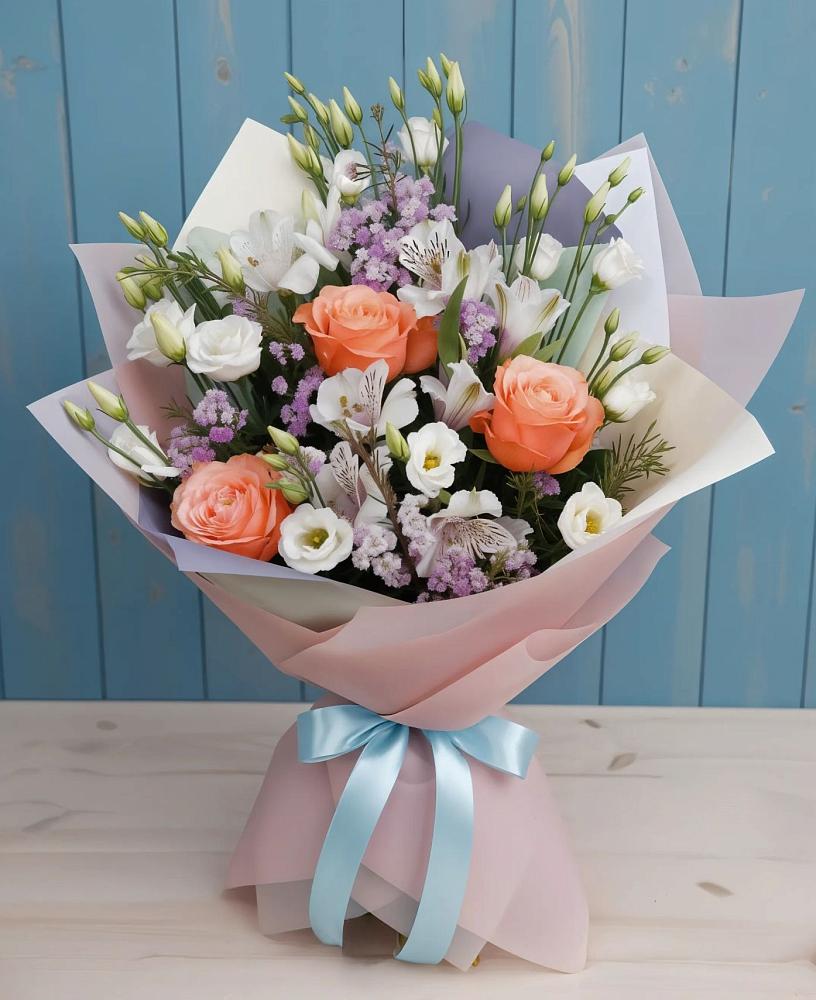 Букет цветов из: Лизиантусы, Розы, Альстромерии и Гипсофила в Лозовом