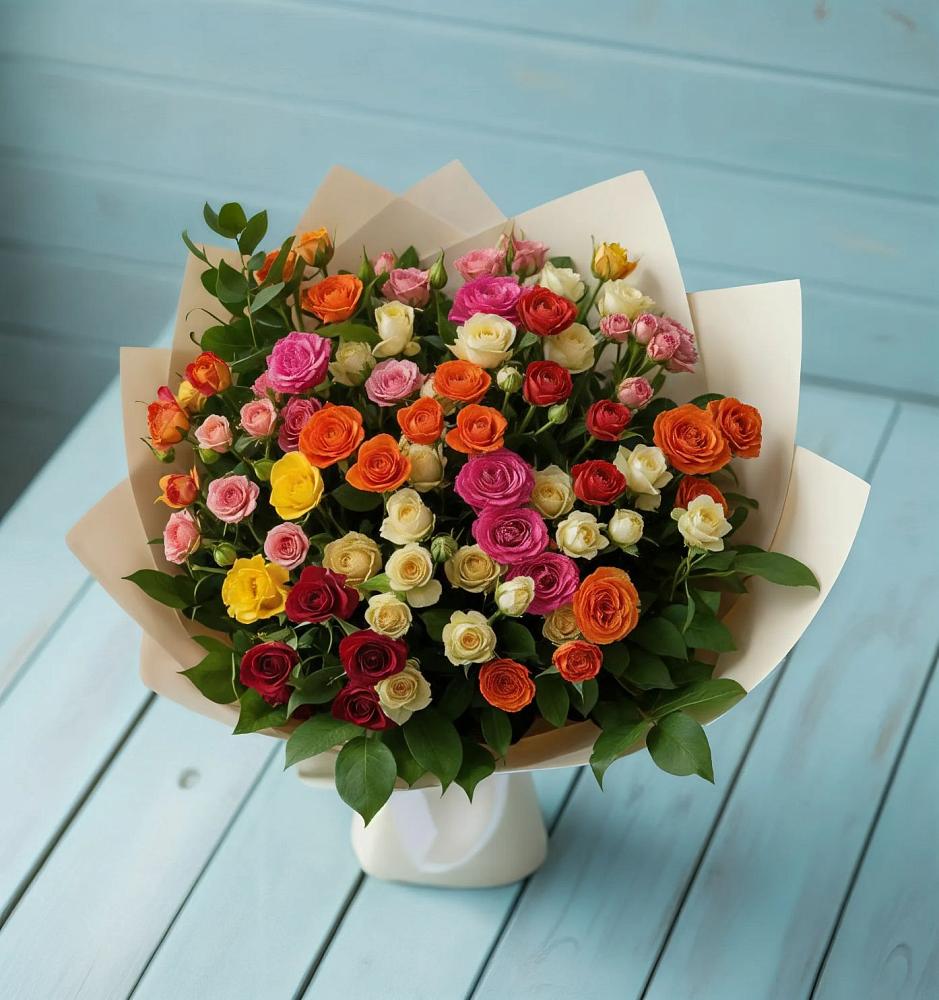 Букет Микс из разноцветных кустовых роз в Лозовом